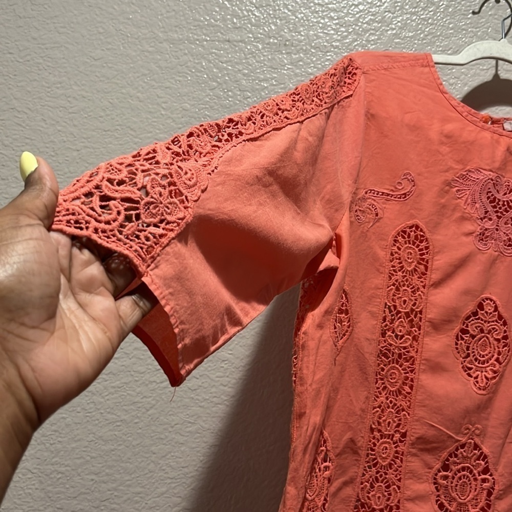 Saint Tropez West Cotton Lace blouse top long sleeve coral pink M Vacay Casual - Picture 5 of 14